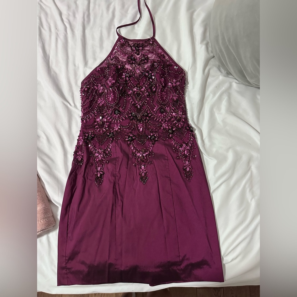 Elegant Purple Beaded Halter Dress